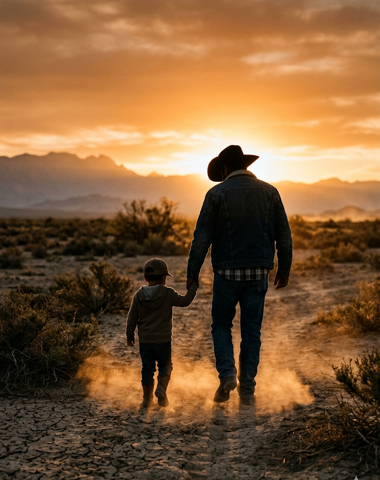 A father and son walking together at sunset in the Cuatro Ciénegas desert, backlit, dust around their boots.