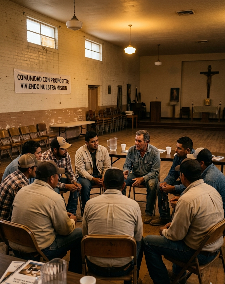 A circle of men in a parish hall in Cuatro Ciénegas — leaning forward, listening, a banner that reads 'Comunidad con propósito: viviendo nuestra misión' behind them.