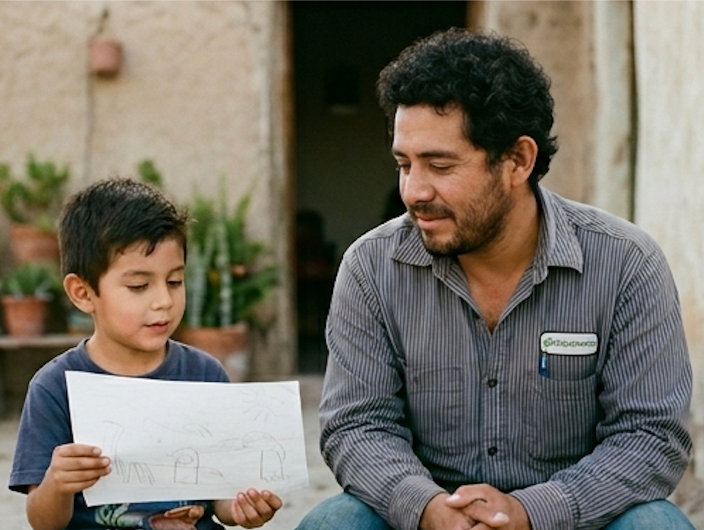 A young father sits beside his son who holds up a drawing — a moment of attention and listening.