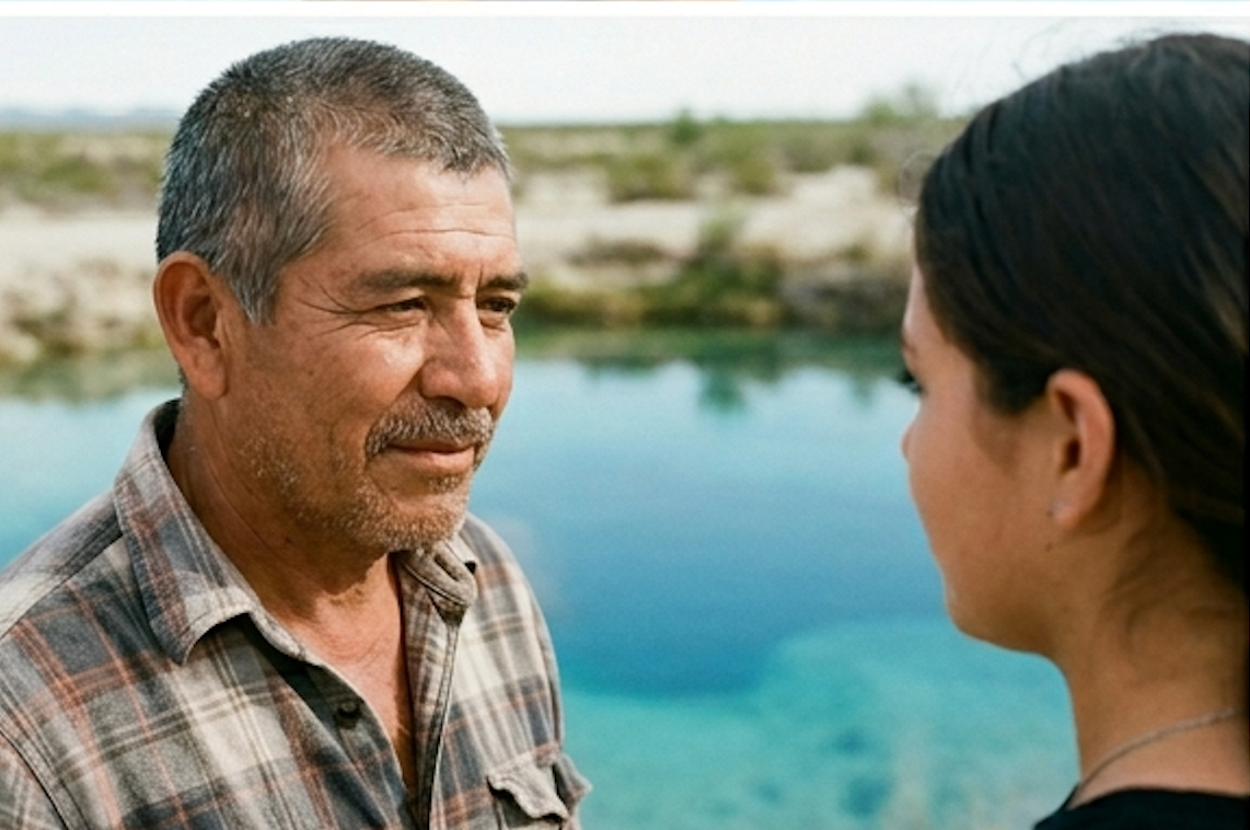An older man stands beside a younger woman near the turquoise spring of Cuatro Ciénegas, in conversation.