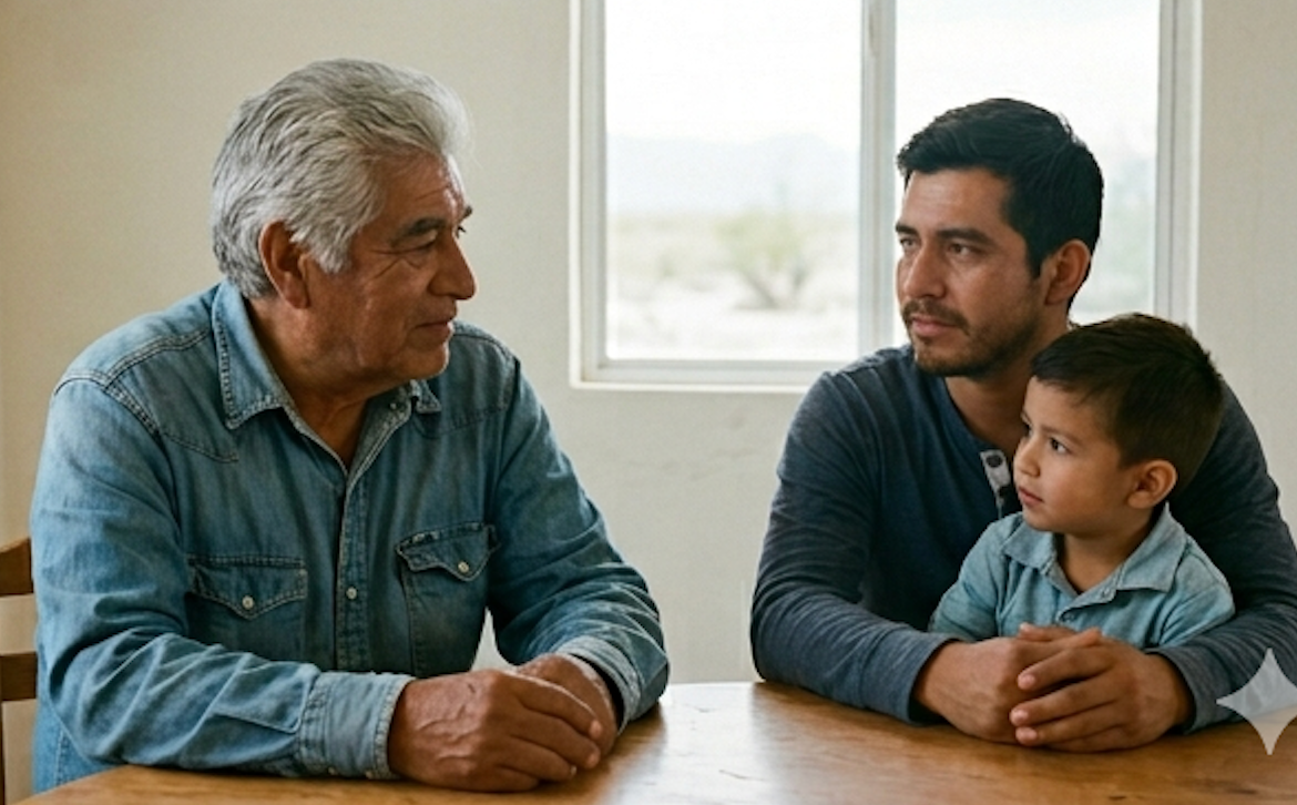Three generations of men — grandfather, father, and son — sit together at a wooden table in conversation.