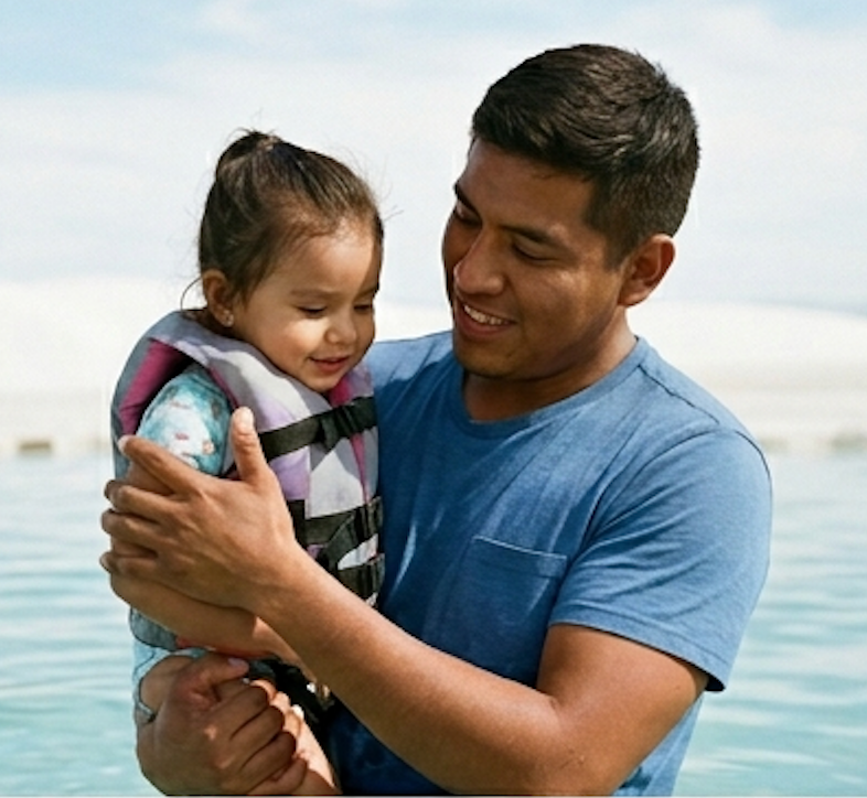 A young father holds his small daughter in a turquoise desert spring, both smiling.